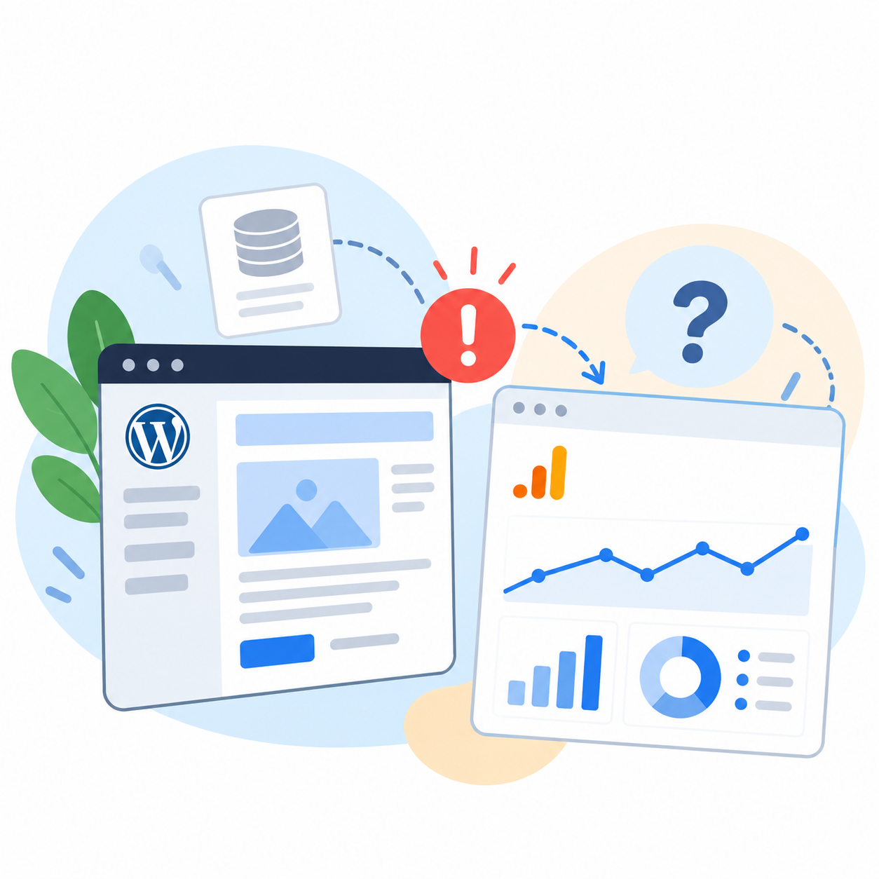 WordPress CMS and GA4 dashboards with a data tracking warning