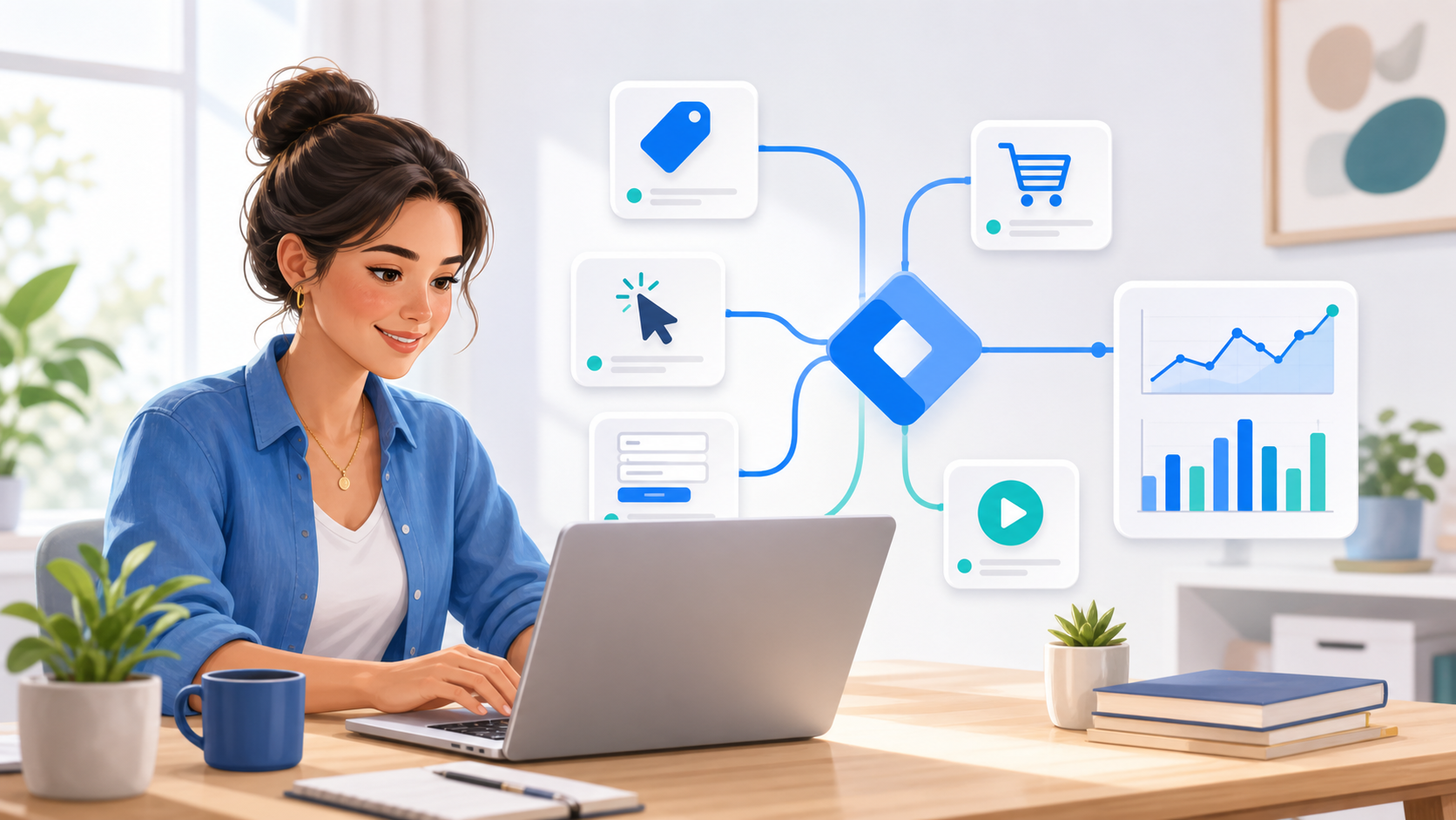 Digital marketer organizing website tags, clicks, forms, shopping events and analytics from a laptop