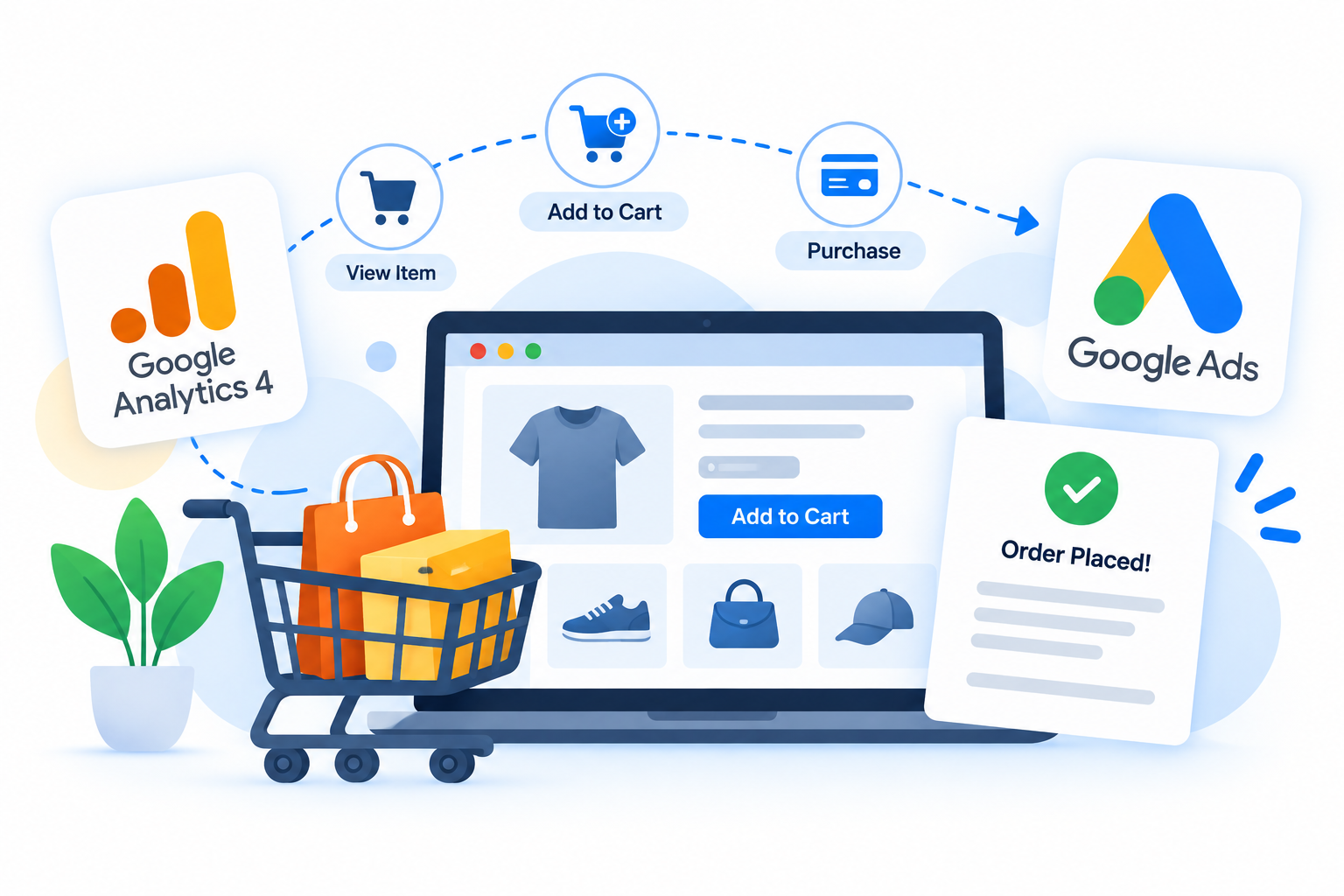 E-commerce customer journey from viewing an item through cart, purchase and completed order tracking