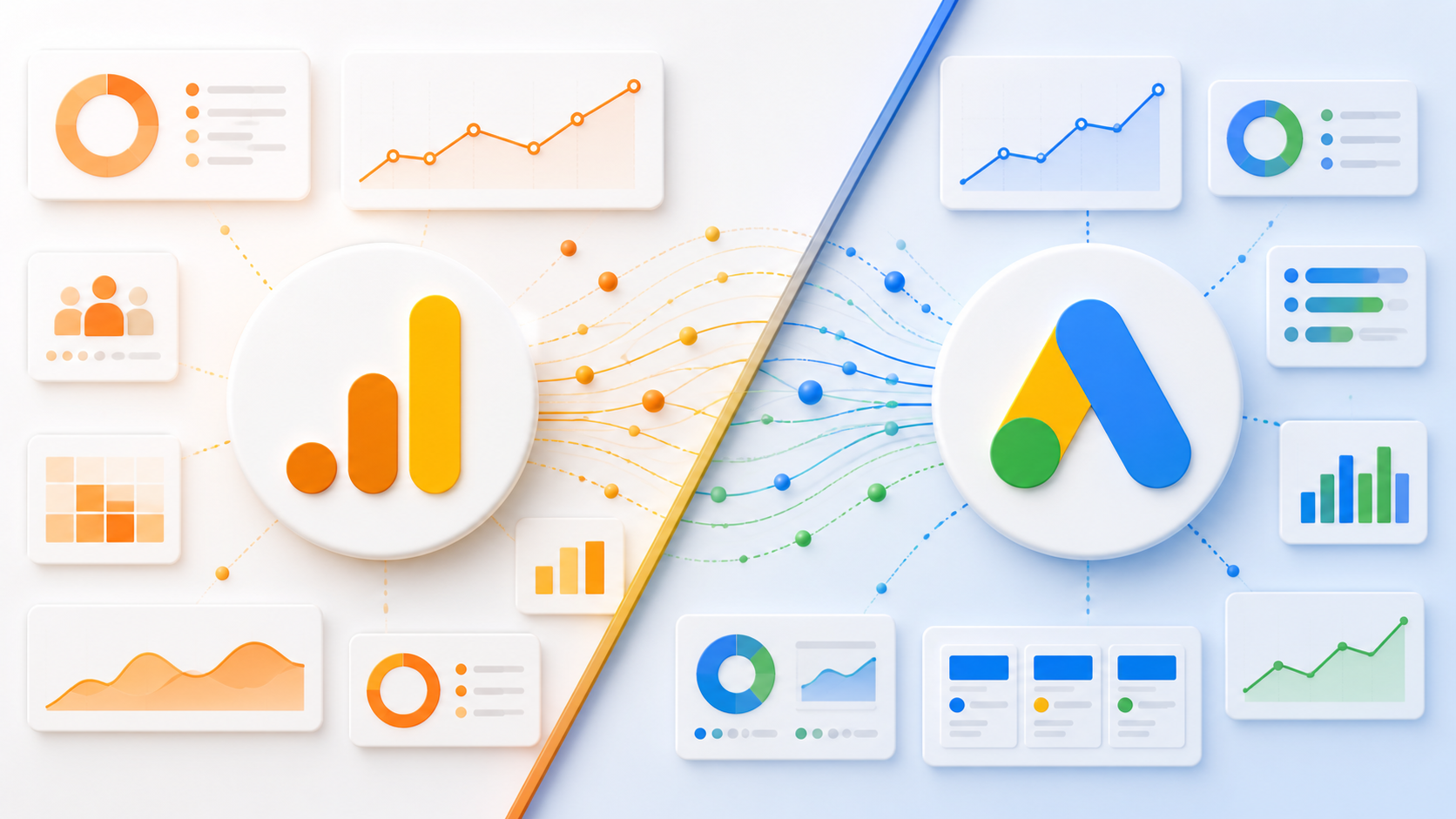 Google Analytics 4 and Google Ads dashboards divided diagonally with both platform logos and connected data flows