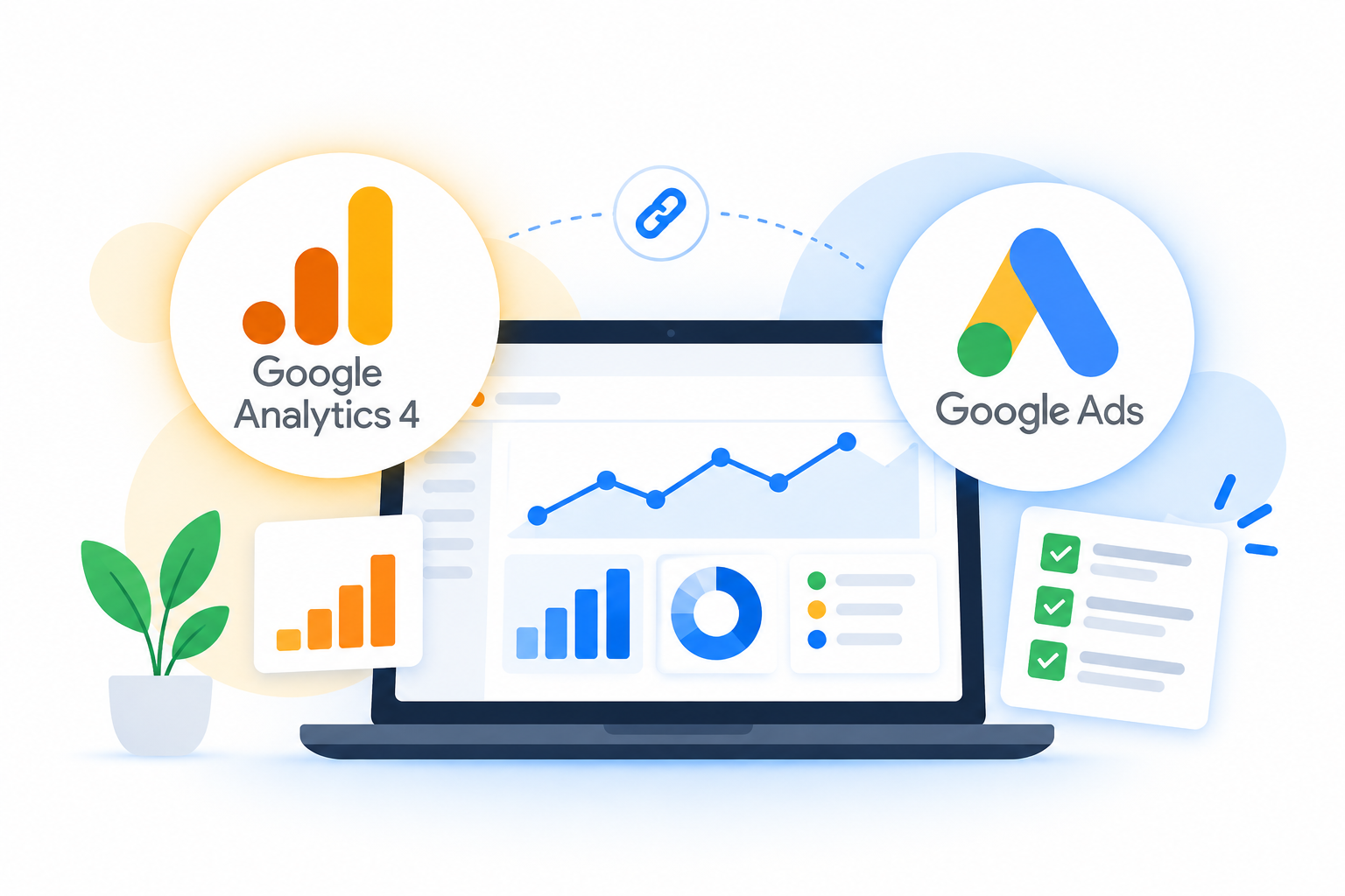 Google Analytics 4 and Google Ads connected through a shared analytics dashboard