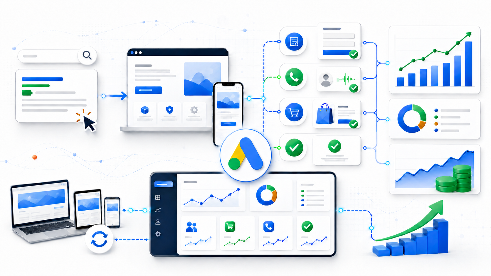 Advertising clicks flowing through websites and mobile devices into measured forms, calls, purchases, revenue and campaign growth