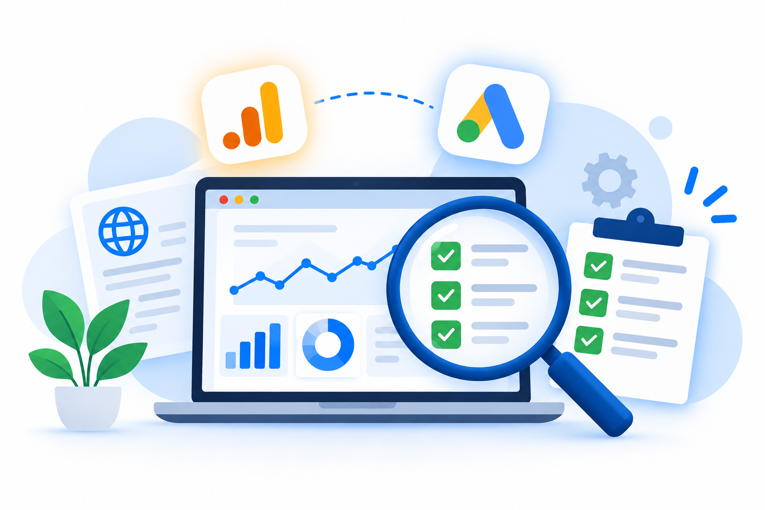 Website analytics dashboard being audited for tracking tags, conversions and data quality