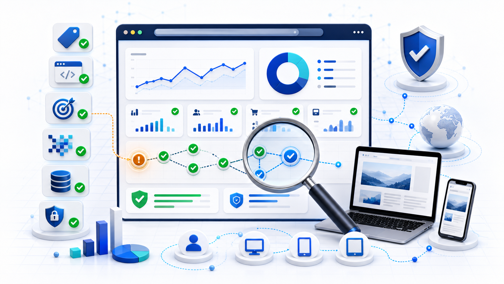 Website analytics dashboard being audited for tracking tags, conversions, data quality, cross-device coverage and privacy compliance